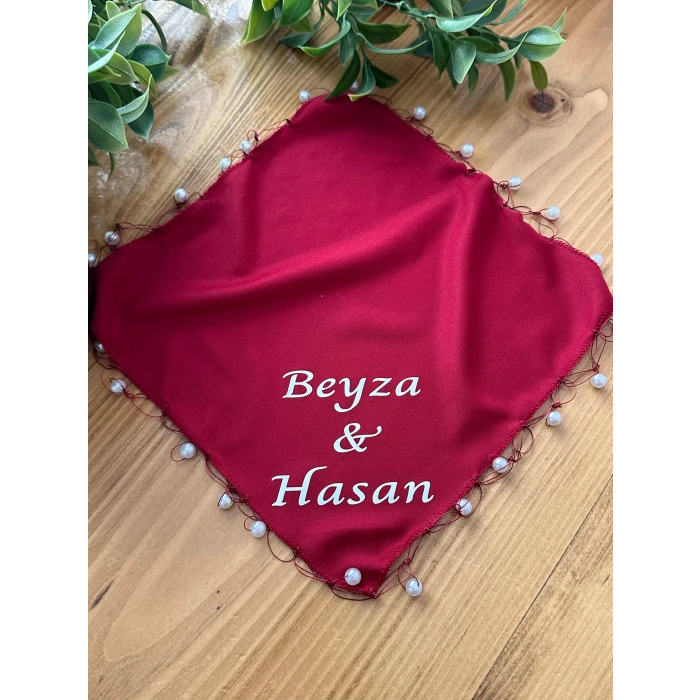 İncili Kişiye Özel İsim Baskılı Halay Mendili Bordo Renk