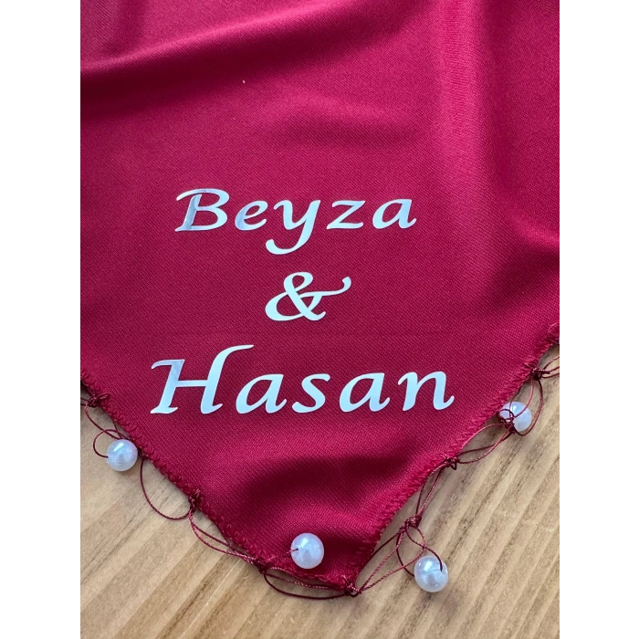 İncili Kişiye Özel İsim Baskılı Halay Mendili Bordo Renk