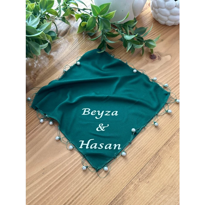 İncili Kişiye Özel İsim Baskılı Halay Mendili Zümrüt Yeşili Renk
