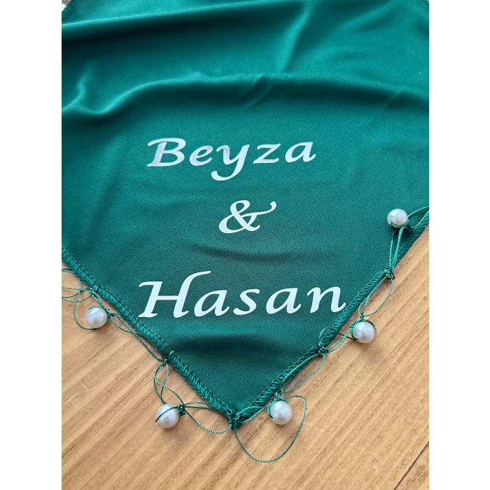 İncili Kişiye Özel İsim Baskılı Halay Mendili Zümrüt Yeşili Renk