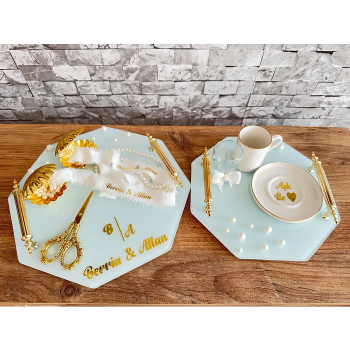 İncili Söz Nişan İsteme Tepsisi ve Damat Kahvesi Takımı (Gold Altıgen)