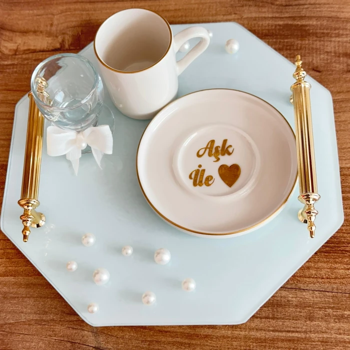 İncili Söz Nişan İsteme Tepsisi ve Damat Kahvesi Takımı (Gold Altıgen)