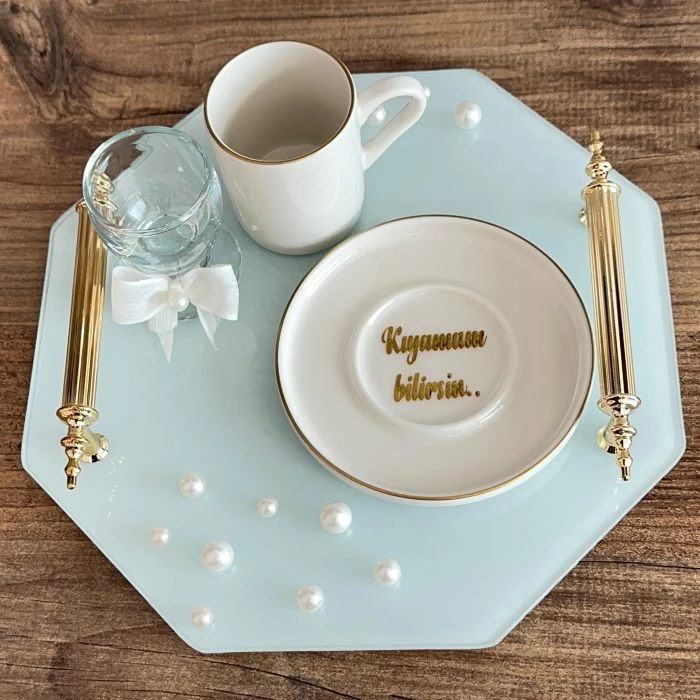 İncili Söz Nişan İsteme Tepsisi ve Damat Kahvesi Takımı (Gold Altıgen)