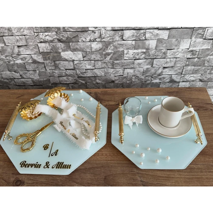 İncili Söz Nişan İsteme Tepsisi ve Damat Kahvesi Takımı (Gold Altıgen)