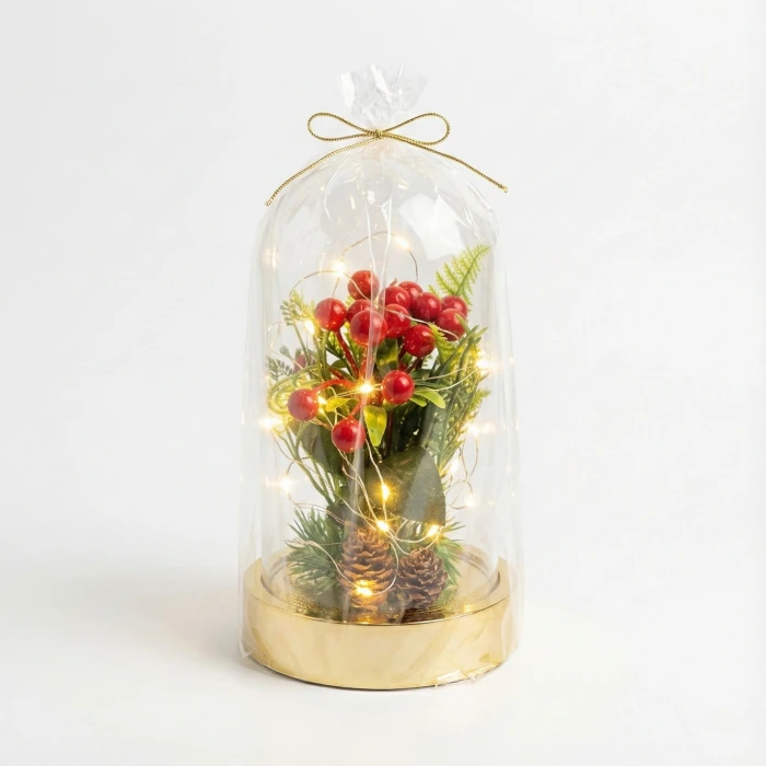 Işıklı Kokina Çiçeği Tasarımlı Dekoratif Cam Fanus - Şans Getiren Yılbaşı ve Yeni Yıl Hediyesi