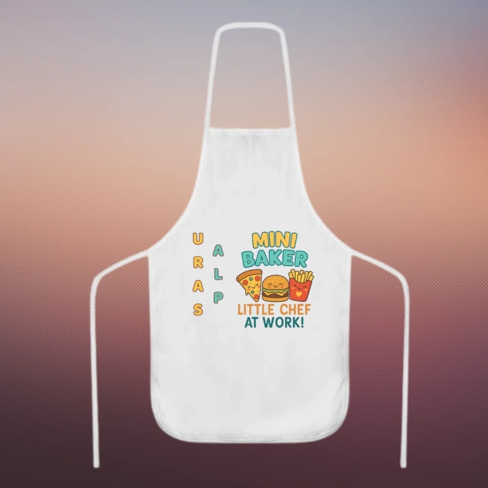 İsme Özel Çocuk Mutfak Önlüğü – “Little Chef at Work” Tasarım | Polyester Kumaş, Erkek Çocuk Hediye, Renkli Fast Food Temalı