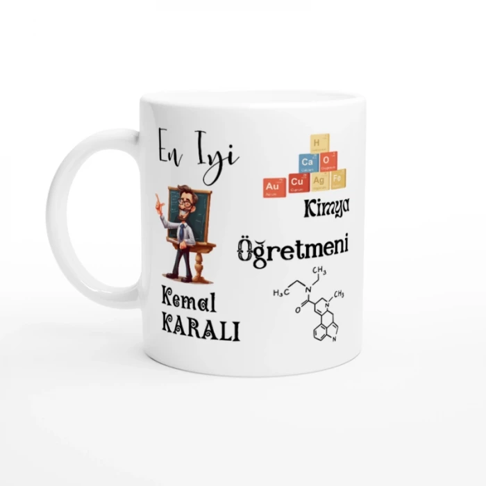 Kimya Öğretmeni Hediyesi – İsimli Porselen Kupa Bardak, Çift Taraf Baskılı, 300 ml, Kutulu Hediye
