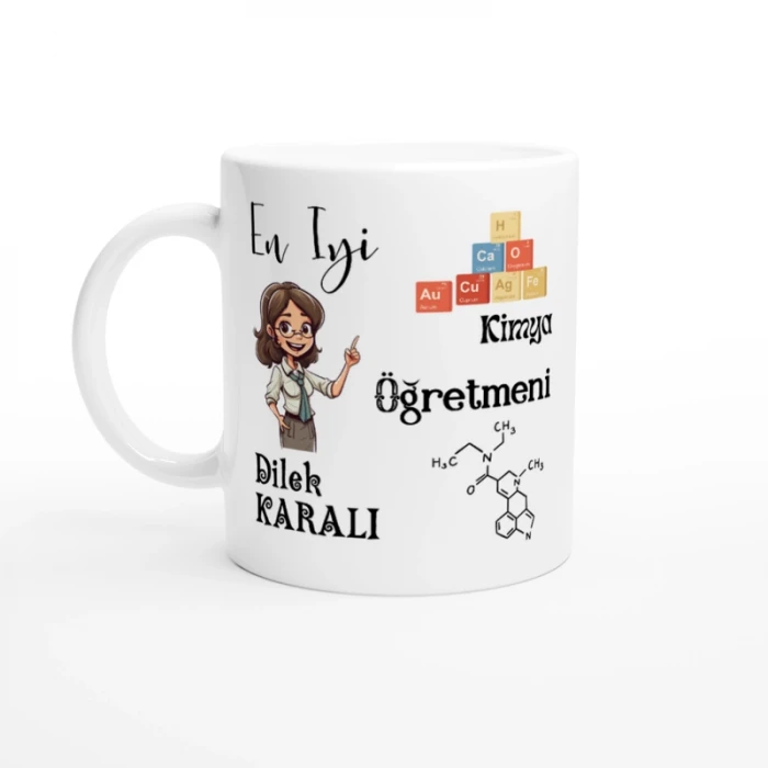 Kimya Öğretmeni Hediyesi – İsimli Porselen Kupa Bardak, Çift Taraf Baskılı, 300 ml, Kutulu Hediye