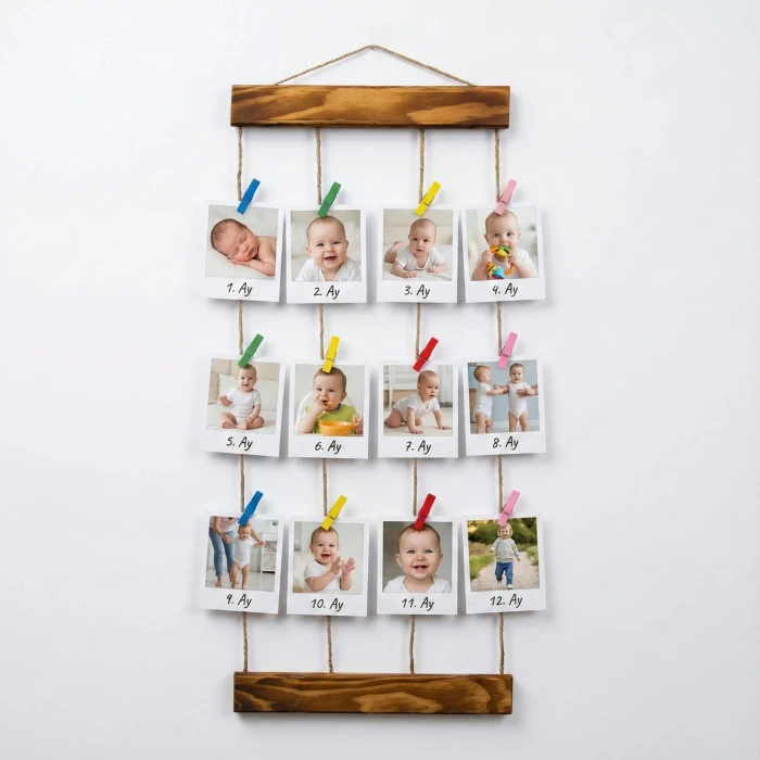 Kişiye Özel 12 Fotoğraf Baskılı Ahşap İpli Mandallı Duvar Panosu (25x57 cm) - 1 Yaş & Sevgili & Arkadaş & Aile Konseptli