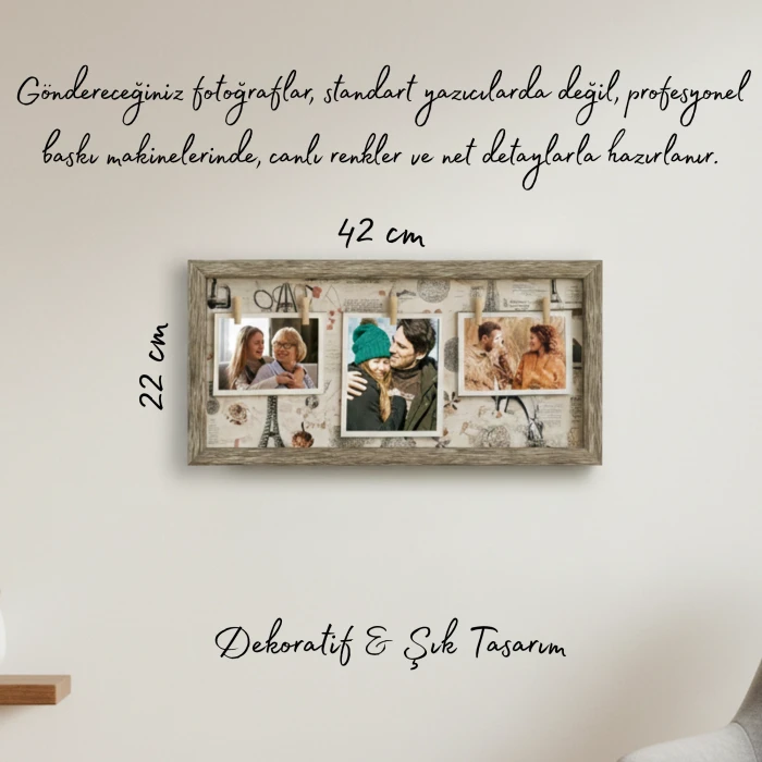 Kişiye Özel 3 Fotoğraflı İpli ve Mandallı Ahşap Dekoratif Çerçeve (42x22 cm)