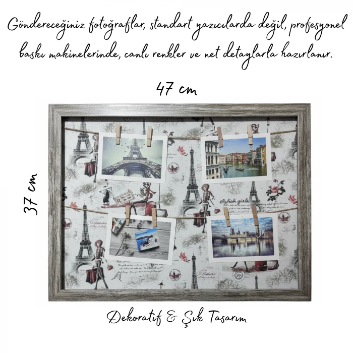 Kişiye Özel 4 Fotoğraflı İpli ve Mandallı Dekoratif Ahşap Çerçeve (37x47 cm) - Yüksek Kalite Baskı Hediyelik