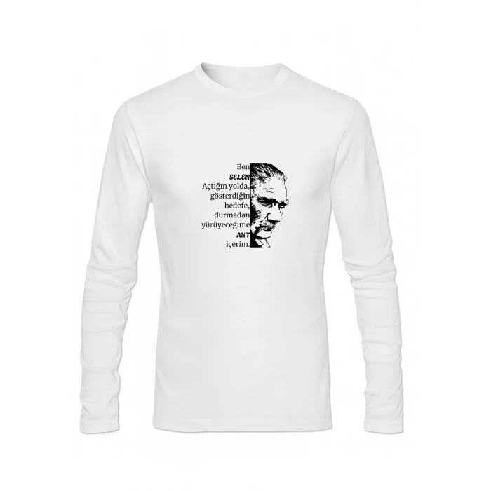 Kişiye Özel Andımız Tişörtü – Atatürk Temalı Unisex Uzun Kollu Beyaz Tshirt | İsim Baskılı Pamuklu Polyester