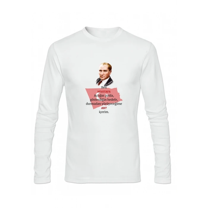 Kişiye Özel Andımız Tişörtü – Atatürk Temalı Unisex Uzun Kollu Beyaz Tshirt | İsim Baskılı Pamuklu Polyester