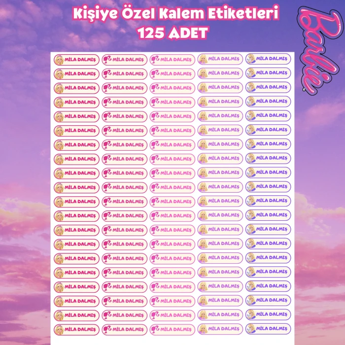 Kişiye Özel Barbie Kalem Etiketi – 125 Adet Sticker