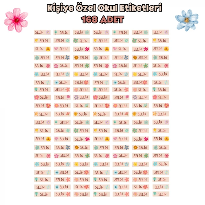 Kişiye Özel Çiçek Desenli Kalem Etiketi 168 Adet – İsim Baskılı Sticker