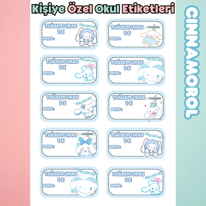 Kişiye Özel Cinnamoroll İsim Etiketi – Parlak Sticker A4 – Defter Kitap Etiketi