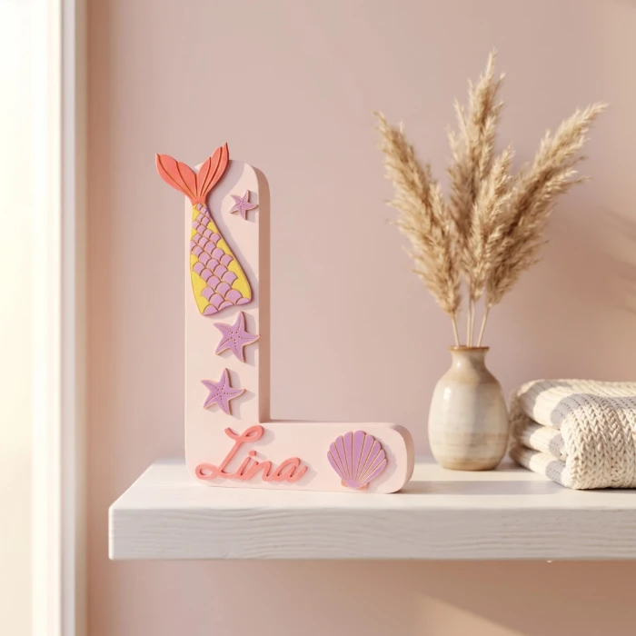 Kişiye Özel Denizkızı Temalı Bebek İsim Harfi – 3D Baskı, 25 cm (Kız Bebek)