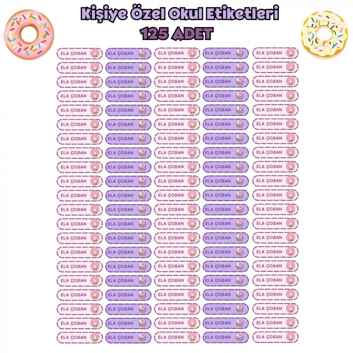 Kişiye Özel Donut Kalem Etiketi 125 Adet – İsim Baskılı Sticker