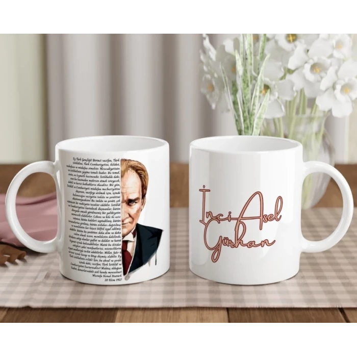Kişiye Özel Gençliğe Hitabe Kupa Bardak | Atatürk Temalı İsim Baskılı Porselen Kupa