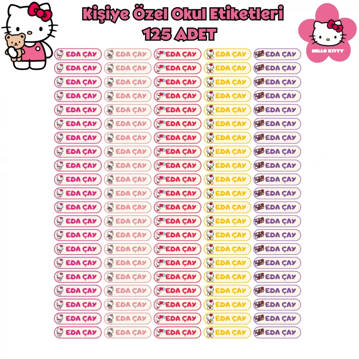 Kişiye Özel Hello Kitty Kalem Etiketi 125 Adet - İsim Yazılı Sticker