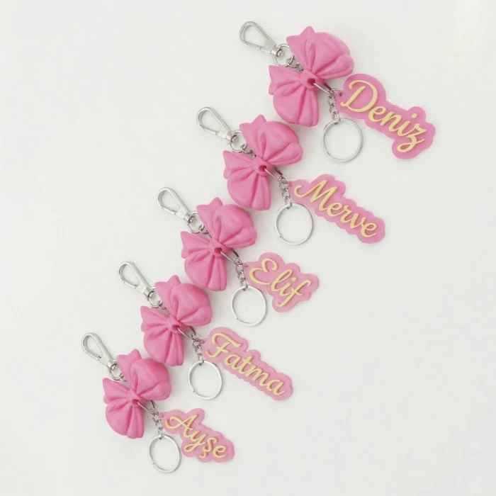 Kişiye Özel İsimli Pembe Fiyonklu Anahtarlık - Coquette Trend Çanta Süsü ve Araba Anahtarlığı