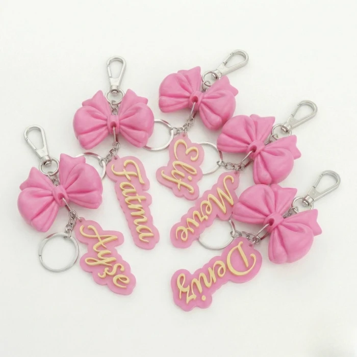 Kişiye Özel İsimli Pembe Fiyonklu Anahtarlık - Coquette Trend Çanta Süsü ve Araba Anahtarlığı
