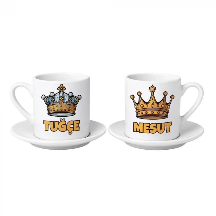 Kişiye Özel Kral & Kraliçe Kahve Fincanı Seti – İsim Baskılı Porselen 2’li Set – Hediye Kutulu