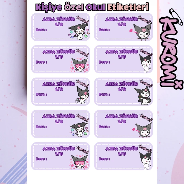Kişiye Özel Kuromi İsim Etiketi – Parlak Sticker A4 – Defter Kitap Etiketi