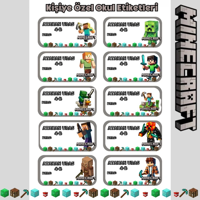Kişiye Özel Minecraft İsim Etiketi – Parlak Sticker A4 – Defter Kitap Etiketi