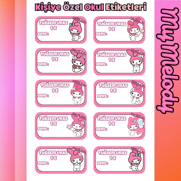 Kişiye Özel My Melody İsim Etiketi – Parlak Sticker A4 – Defter Kitap Etiketi