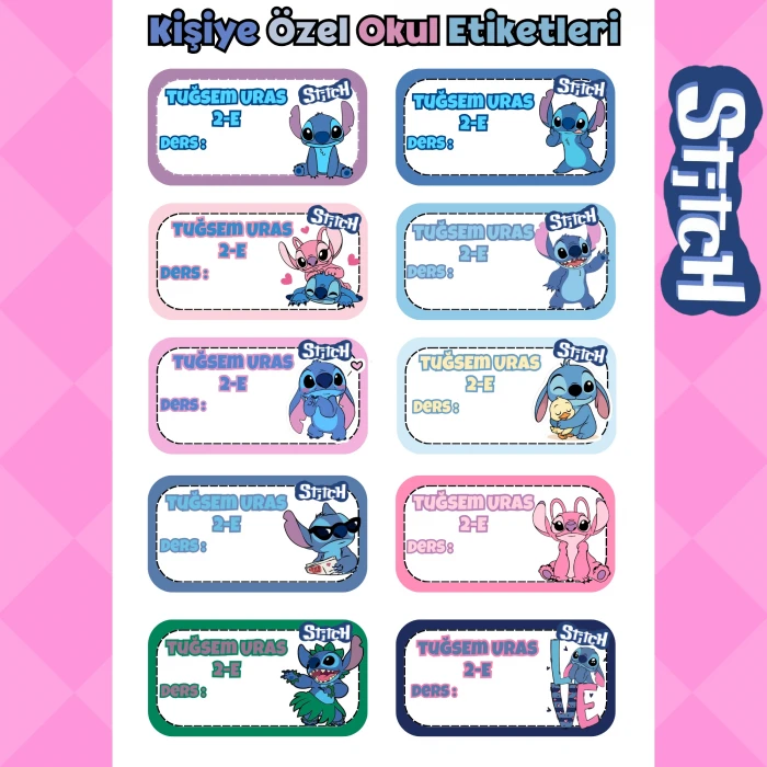 Kişiye Özel Stitch İsim Etiketi – Parlak Sticker A4 – Defter Kitap Etiketi