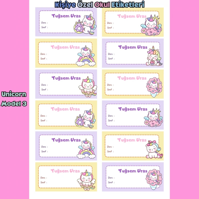 Kişiye Özel Unicorn İsim Etiketleri – Parlak Sticker A4 – Defter Kitap Etiketi (3 Model)