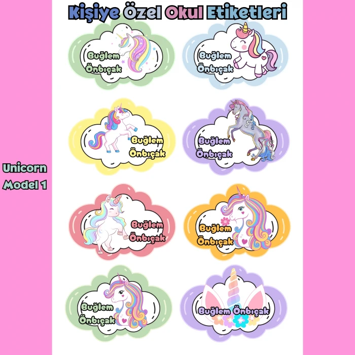 Kişiye Özel Unicorn İsim Etiketleri – Parlak Sticker A4 – Defter Kitap Etiketi (3 Model)