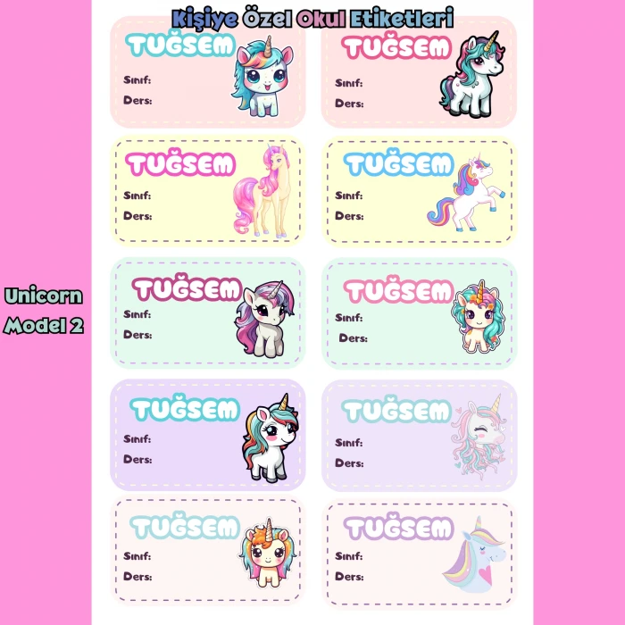 Kişiye Özel Unicorn İsim Etiketleri – Parlak Sticker A4 – Defter Kitap Etiketi (3 Model)