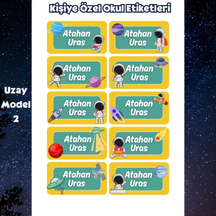 Kişiye Özel Uzay İsim Etiketleri – Parlak Sticker A4 – Defter Kitap Etiketi (3 Model)