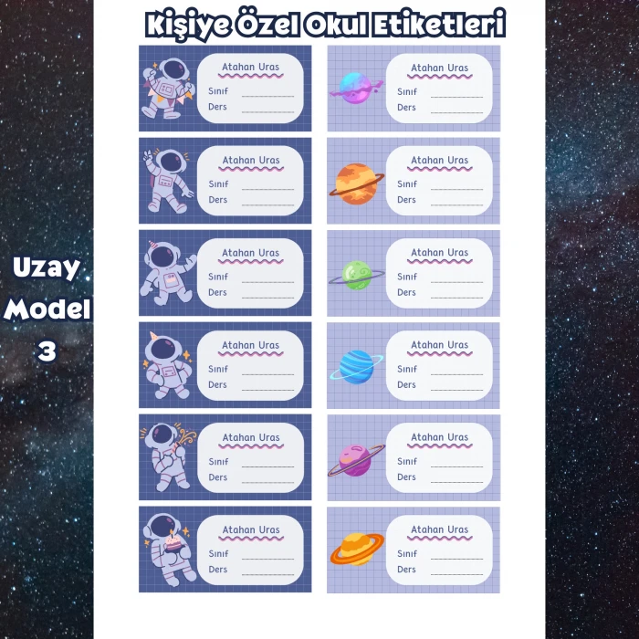 Kişiye Özel Uzay İsim Etiketleri – Parlak Sticker A4 – Defter Kitap Etiketi (3 Model)