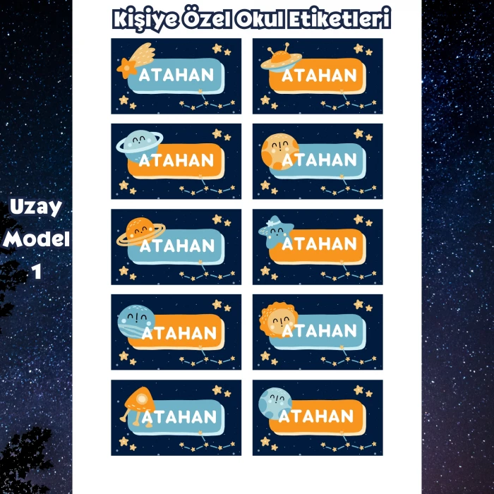 Kişiye Özel Uzay İsim Etiketleri – Parlak Sticker A4 – Defter Kitap Etiketi (3 Model)