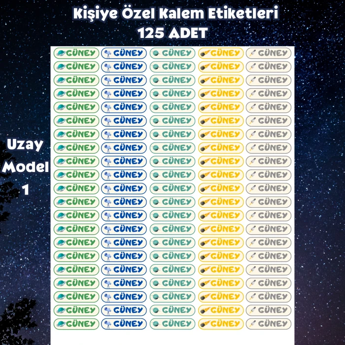 Kişiye Özel Uzay Temalı Kalem Etiketi 125 Adet - İsim Yazılı Sticker