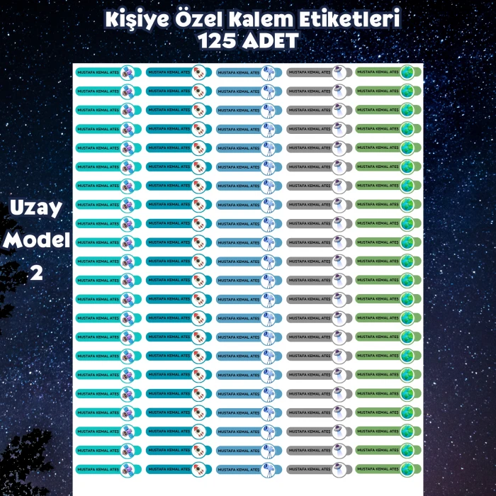 Kişiye Özel Uzay Temalı Kalem Etiketi 125 Adet - İsim Yazılı Sticker