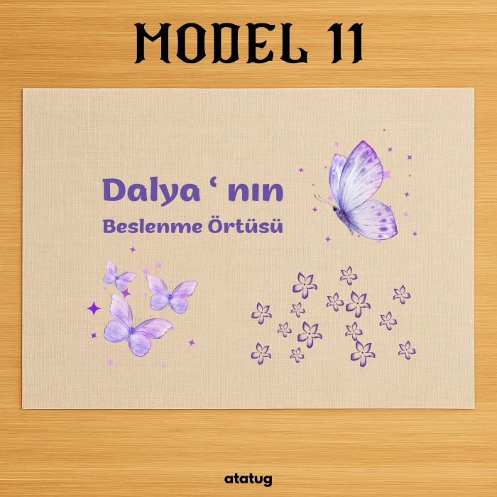 Kişiye Özel Mor Kelebek ve Çiçek Tasarımlı Keten Beslenme Örtüsü (28x40 cm)