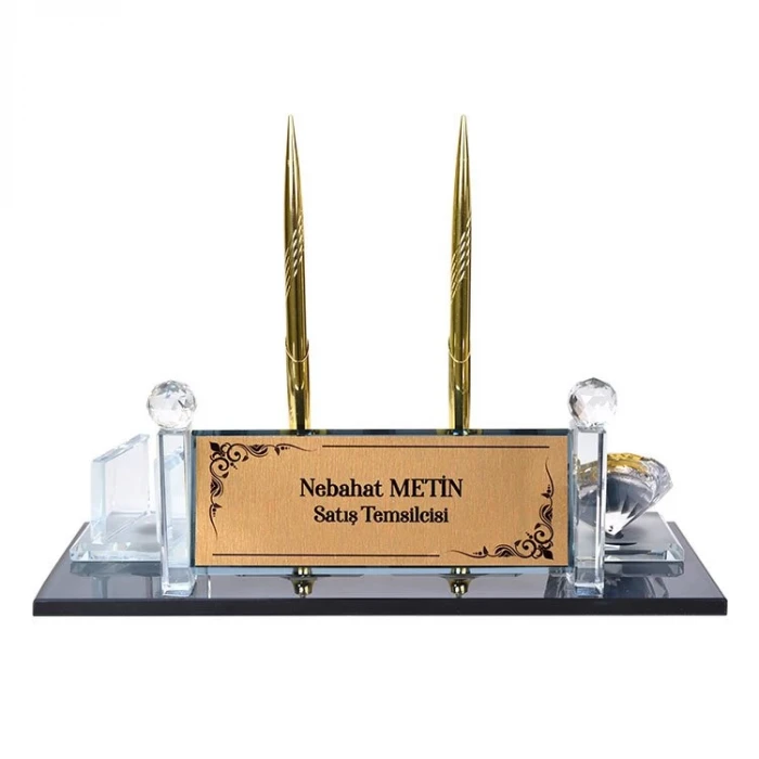 Kristal Çift Kalemli Gold Masa İsimliği