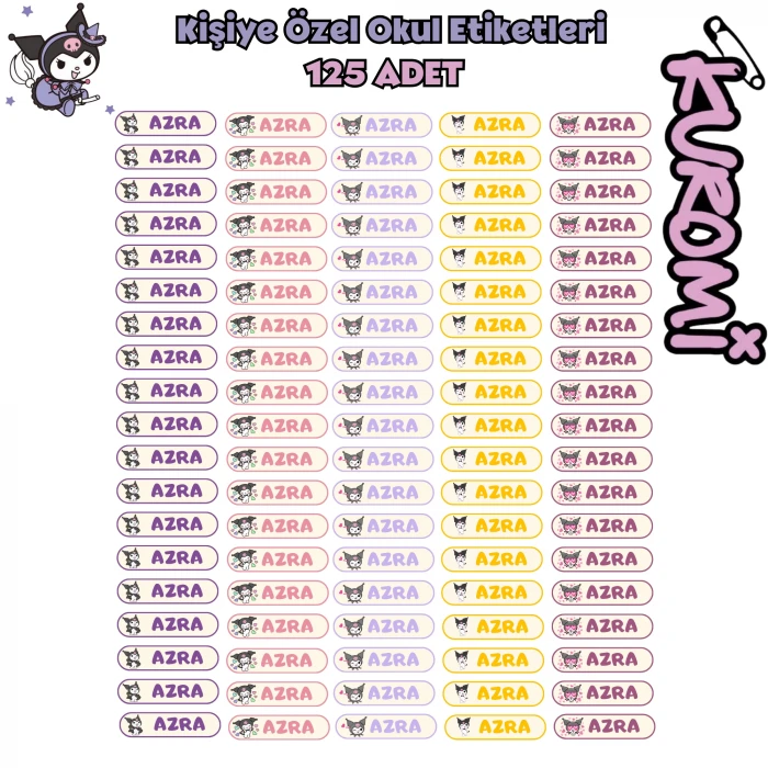 Kuromi Kişiye Özel Okul Etiketleri - 125 Adet İsimli Sticker Seti