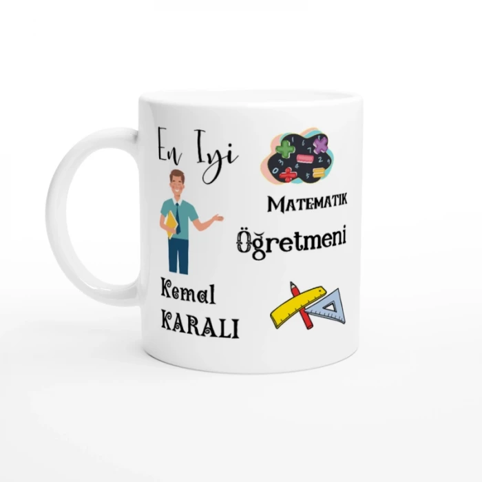Matematik Öğretmeni Hediyesi – İsimli Porselen Kupa Bardak, Çift Taraf Baskılı, 300 ml, Kutulu Hediye