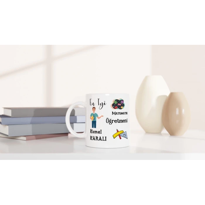 Matematik Öğretmeni Hediyesi – İsimli Porselen Kupa Bardak, Çift Taraf Baskılı, 300 ml, Kutulu Hediye