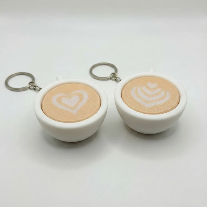 Mekanik Tuşlu Fidget Anahtarlık - Kahve Latte Art Tasarımlı Stres Giderici Aksesuar