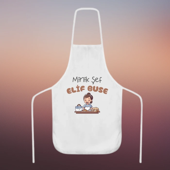 Minik Şef İsimli Kız Çocuk Mutfak Önlüğü | İsme Özel Baskı, Beyaz Polyester Kumaş