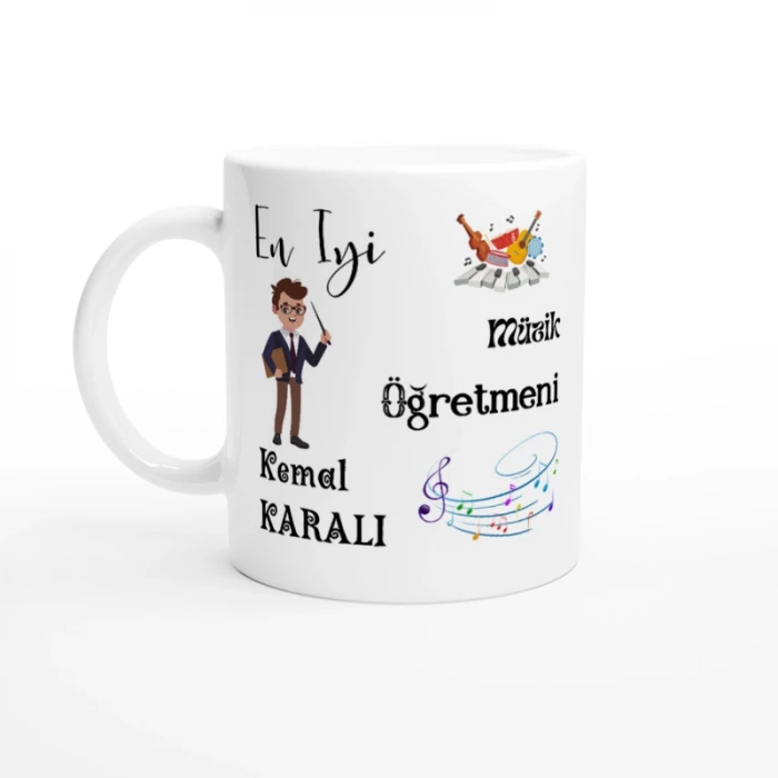 MÜZİK ÖĞRETMENİ HEDİYESİ – KİŞİYE ÖZEL PORSELEN KUPA BARDAK, ÇİFT TARAF BASKILI, 300 ML, KUTULU