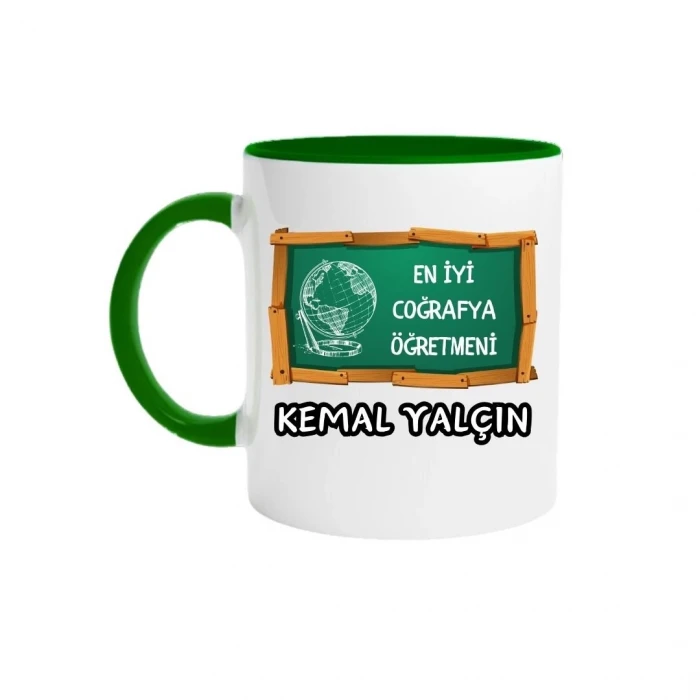 Öğretmenlere Özel İsimli Branş Tasarımlı Kupa Bardak (Yeşil Kulplu)
