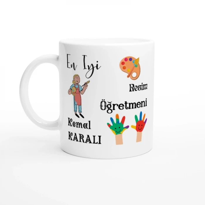 RESİM ÖĞRETMENİ HEDİYESİ – KİŞİYE ÖZEL PORSELEN KUPA BARDAK, ÇİFT TARAF BASKILI, 300 ML, KUTULU