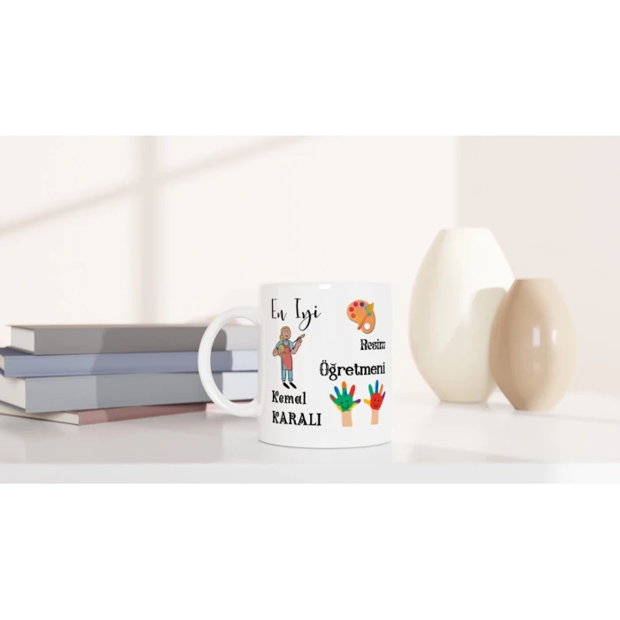 RESİM ÖĞRETMENİ HEDİYESİ – KİŞİYE ÖZEL PORSELEN KUPA BARDAK, ÇİFT TARAF BASKILI, 300 ML, KUTULU